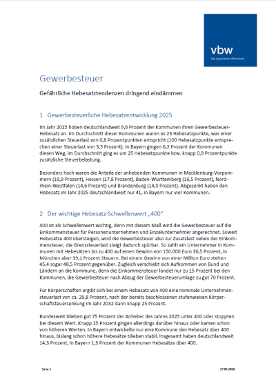 Gewerbesteuer – Gefährliche Tendenzen beim Hebesatz eindämmen